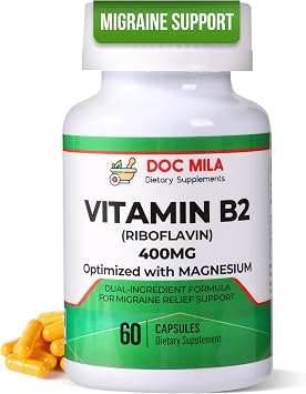 Vitamin B2 Riboflavin 400mg Capsules Migraine Relief Supplement for Kids & Adults Headache Support Vegan Vitamin Tablets 60 Pills 200mg per Capsule