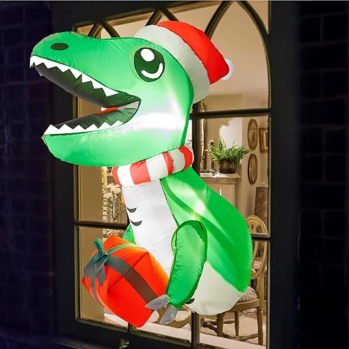Miniatura 3 de Hourleey Dinosaurio inflable de ventana de Navidad de 3.5 pies, inflable que se rompe de la ventana con LED integrado para fiesta de Navidad en