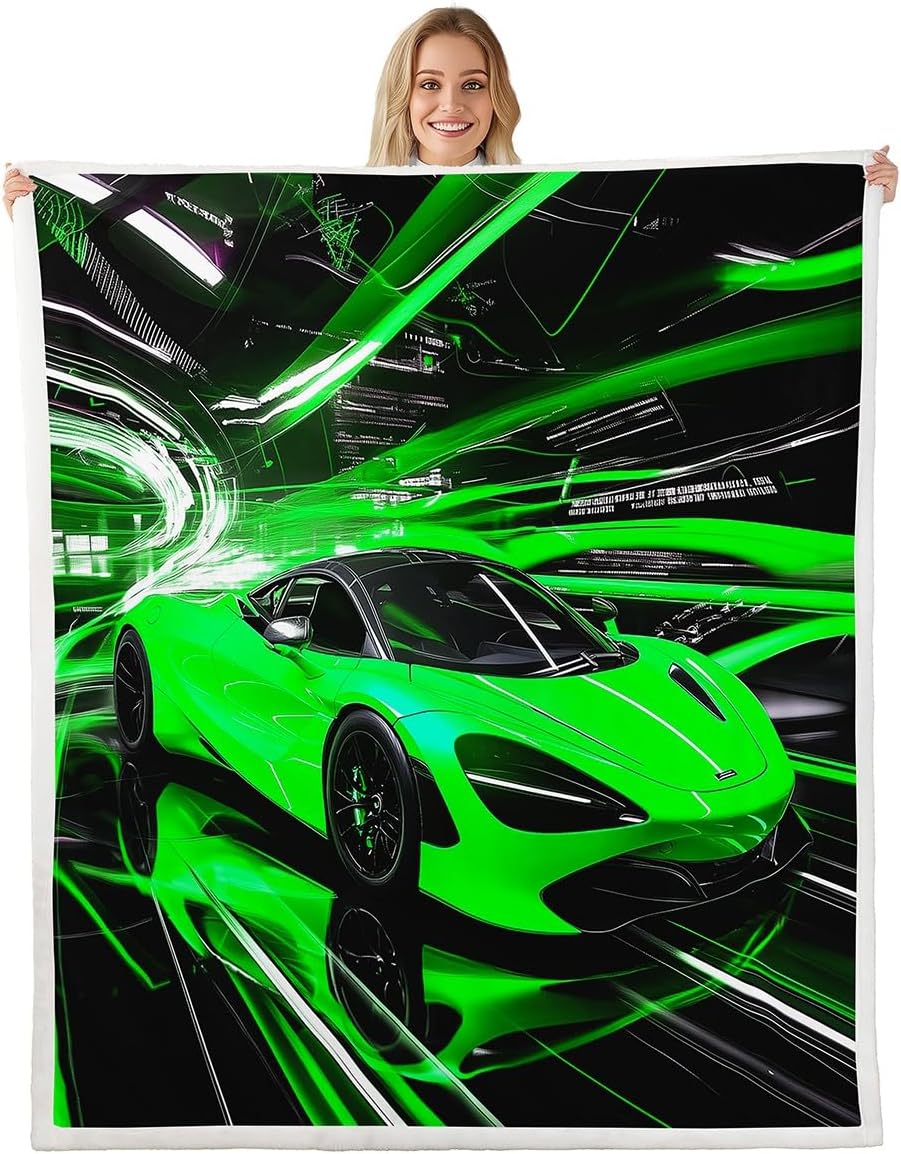 Sports Car Kids Fleece Blanket,Green Race Car Neon Light Modern Throw Blanket for Adult,Racing Theme Geometric Stripes Lightweight Polyester Sofa Sherpa Blanket, Queen (90 x 90 Inch)