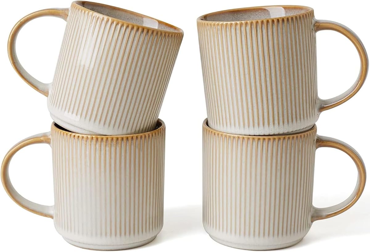 Coffee Mug Set of 4, Star 12 oz Ceramic Mugs Cups Set with Handle | Stoneware Stackable Catering Cup for Coffee, Tea, Cappuccino, Latte, Microwave & Dishwasher Safe, Cappuccino White