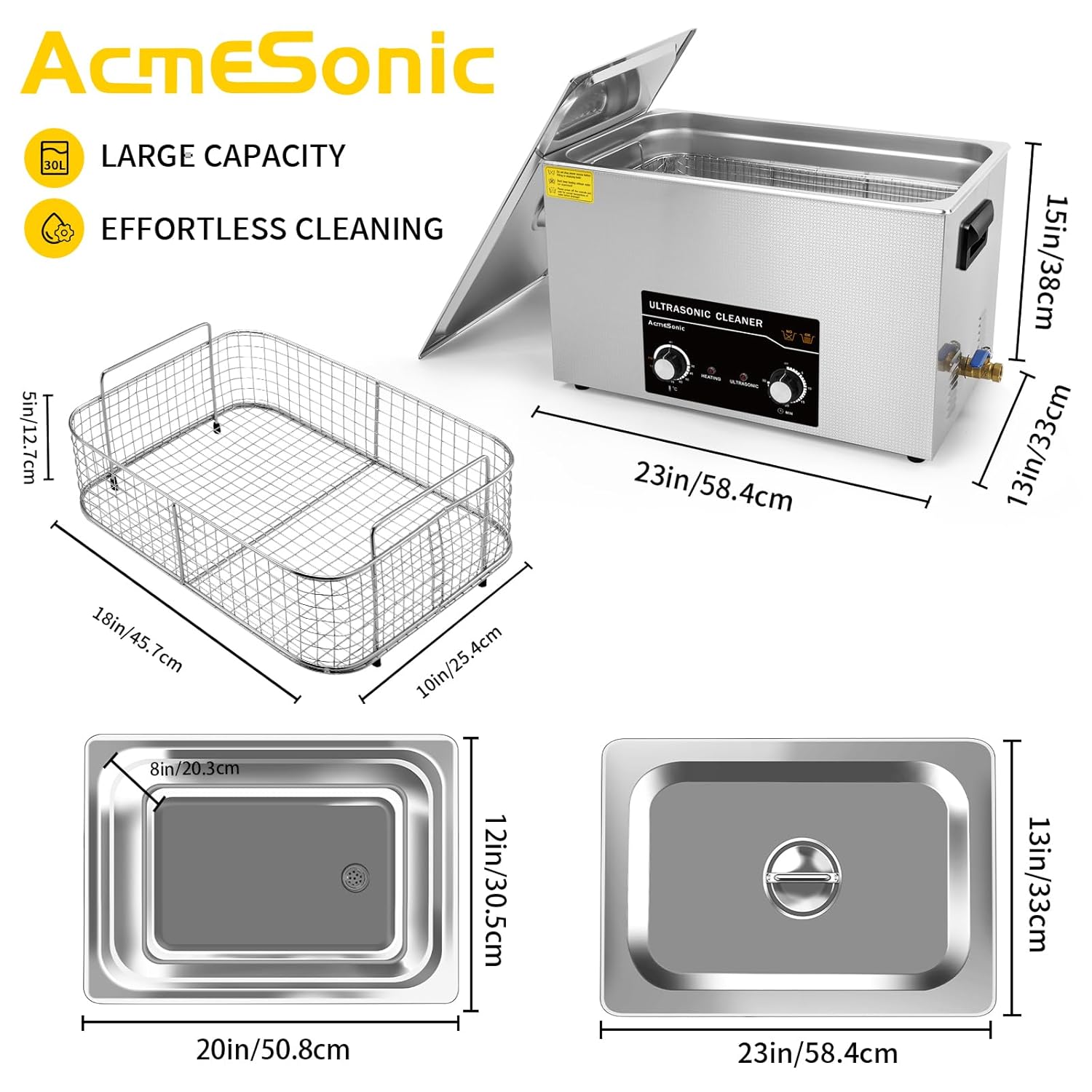Commercial Ultrasonic Cleaner 30L with Knob, Heater Timer 10 Transducers 800W+600W 42kHz for Carburetor Bike Chain Brass Instrument Jewelry Denture Professional