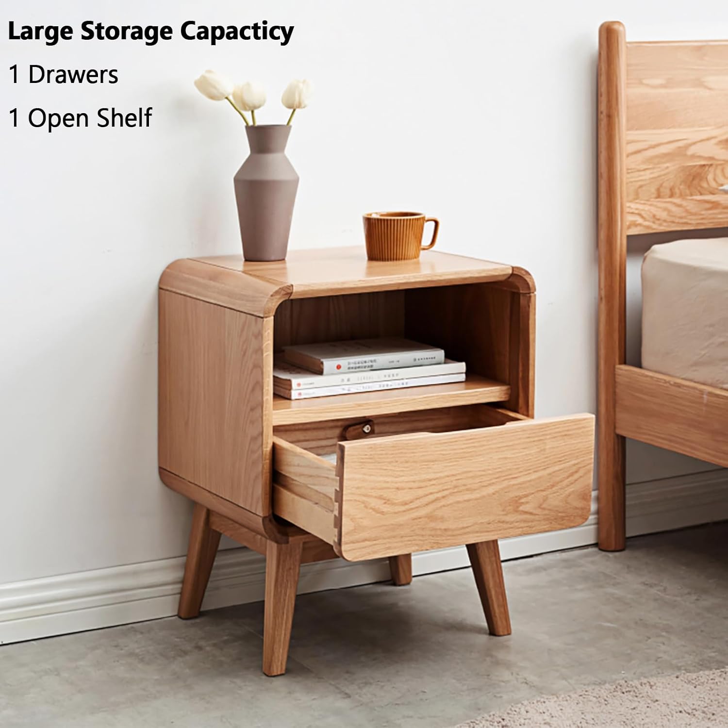 100% Solid Oak Nightstand, Wood Nightstands with 2 Drawers, Mid Century Modern Nightstands with Open Storage, Wooden Night Stand Bedside Table for Bedroom.