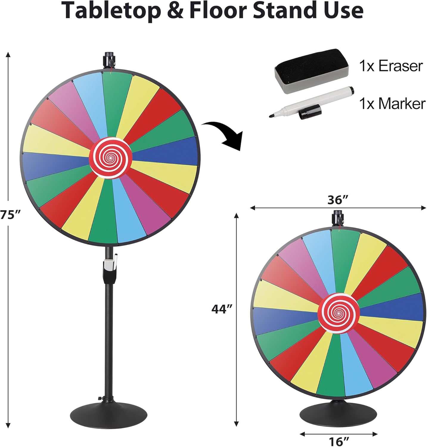 Smartxchoices 36" Spinning Prize Wheel, Casino Prize Wheels Height Adjustable Dual Use Tabletop or Floor Stand, 18 Slots Wheel Spinner Game with Dry Eraser & Marker, Trade Show Carnival Fortune