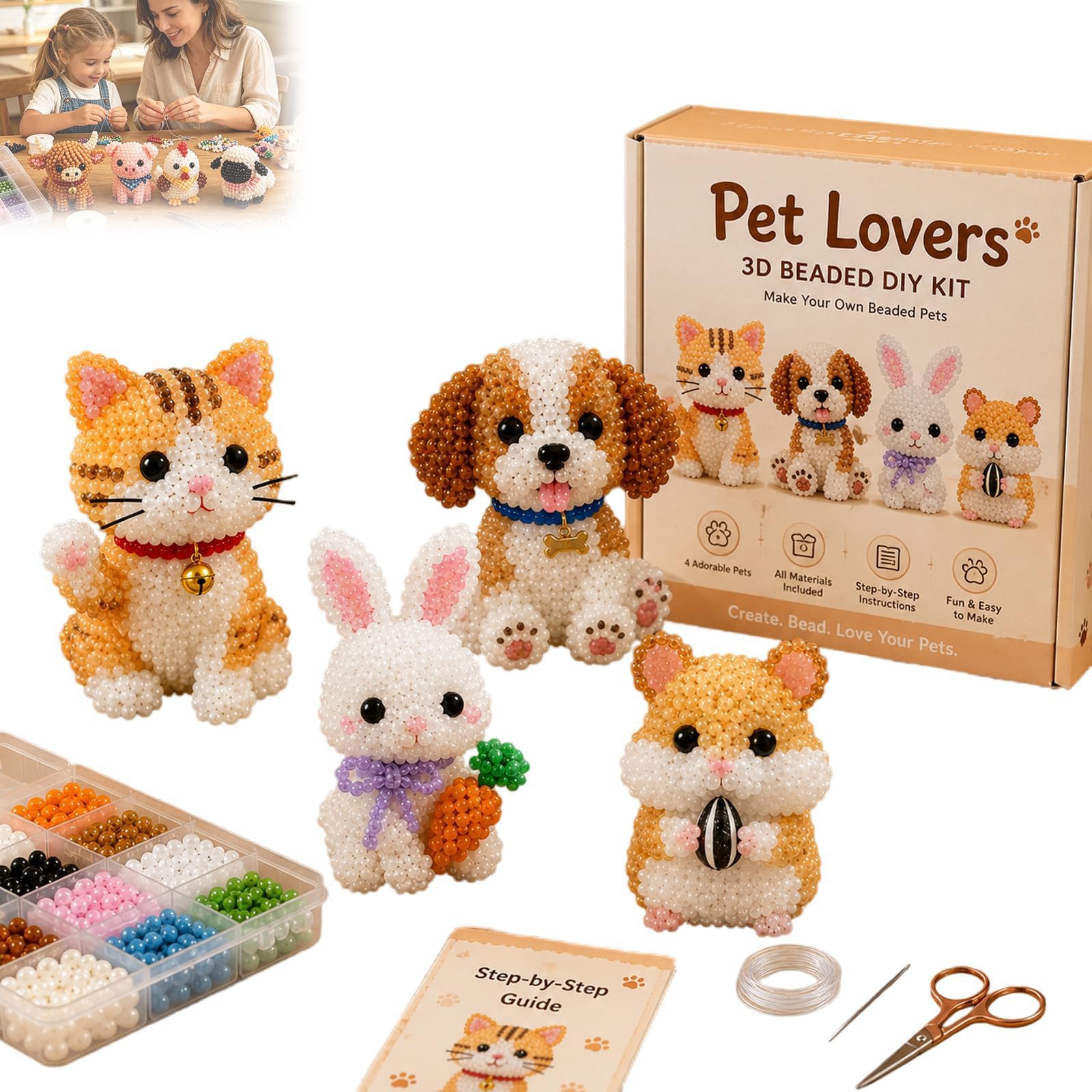Tiny 3D Beaded Animal DIY Kit, Cute Animal Bead Embroidery Set, Handmade Jewelry Art Craft Kit with 3D Beading for Adults, Teens & Beginners Creative DIY Gift (E)