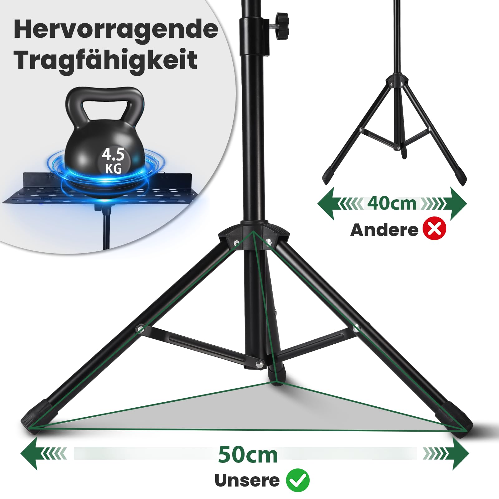 Professioneller Notenständer, höhenverstellbar (49-113cm) robuster Music Stand für Konzert und Reise, Notenständer Klappbar inklusive mit Metall-Dreibein, belüftete Platte & Transporttasche (Schwarz)
