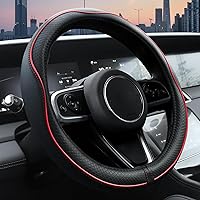 Ouzorp Microfiber Leather Steering Wheel Cover Anti-Slip Grip Universal 14.5-15 Inch Black Red Line Durable Comfort Fit