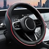 Ouzorp Car Steering Wheel Cover, Microfiber Leather Steering Wheel Covers with Anti-Slip Lining, Universal 14.5-15 inchs Black with Red line