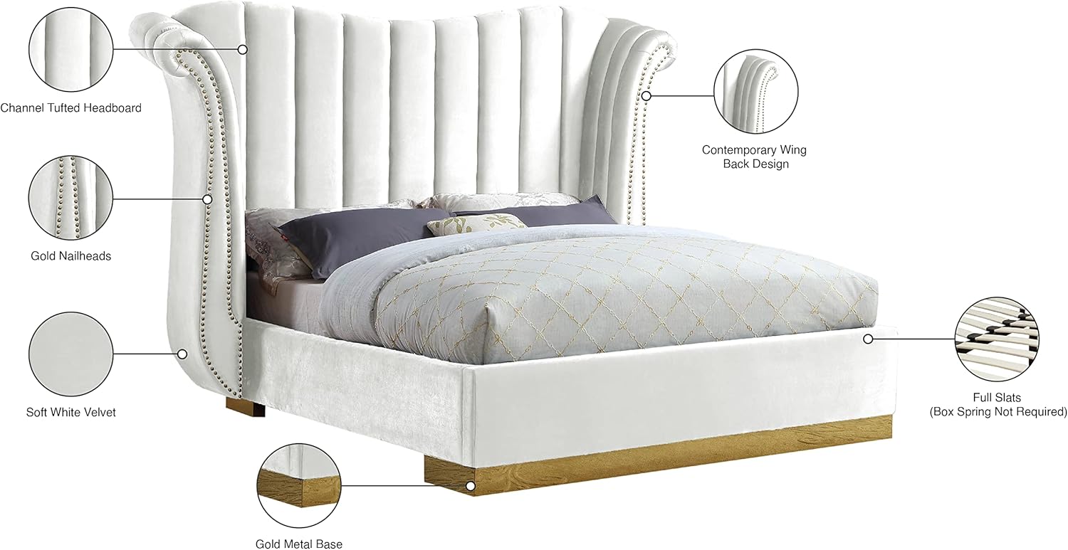 Meridian Furniture Flora Collection Modern | Contemporary Velvet Upholstered Bed Nailheads, Deep Channel Tufting and Gold Metal Base, King, White