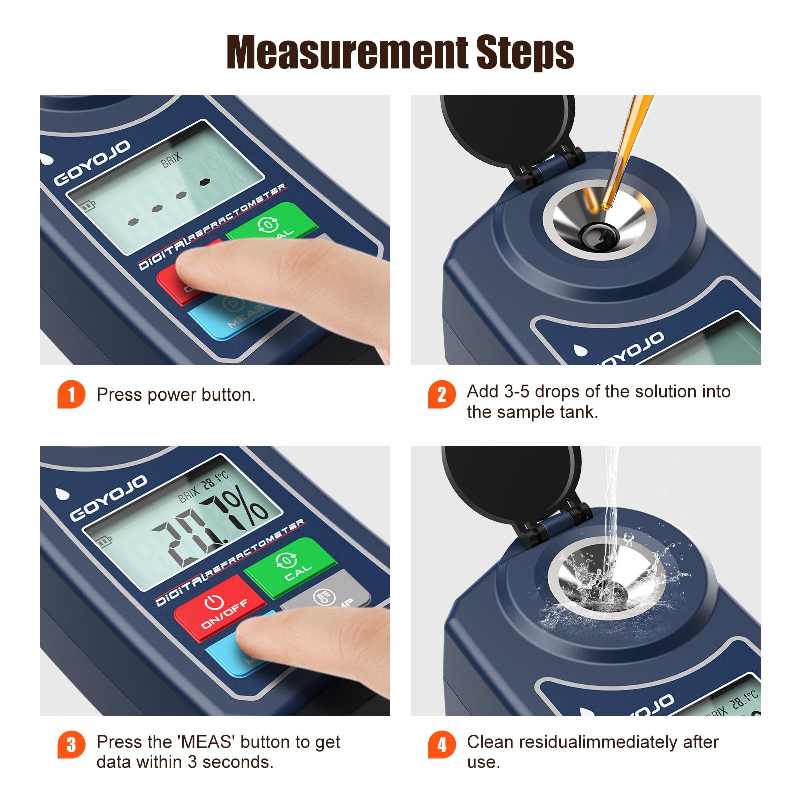 GOYOJO Refractómetro Digital Brix con Compensación Automática de Temperatura para Muestras de Agua, Alimentos, Frutas, Bebidas y Medición de Azúcar en Plantas (0,0-55,0% Brix)