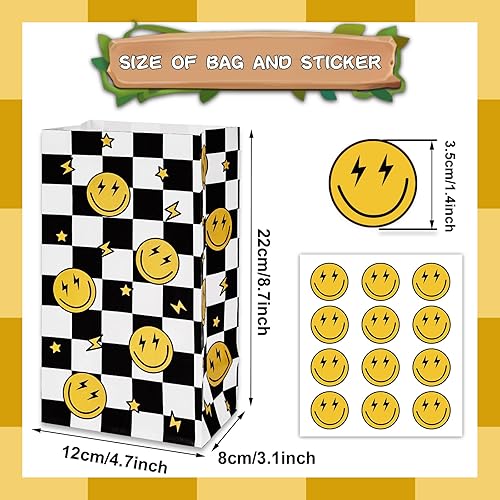 Miniatura 2 de AnyDesign 24 bolsas de regalo para fiesta de cumpleaños de One Happy Due, bolsas de regalo de papel de cara sonriente con etiquetas adhesivas,