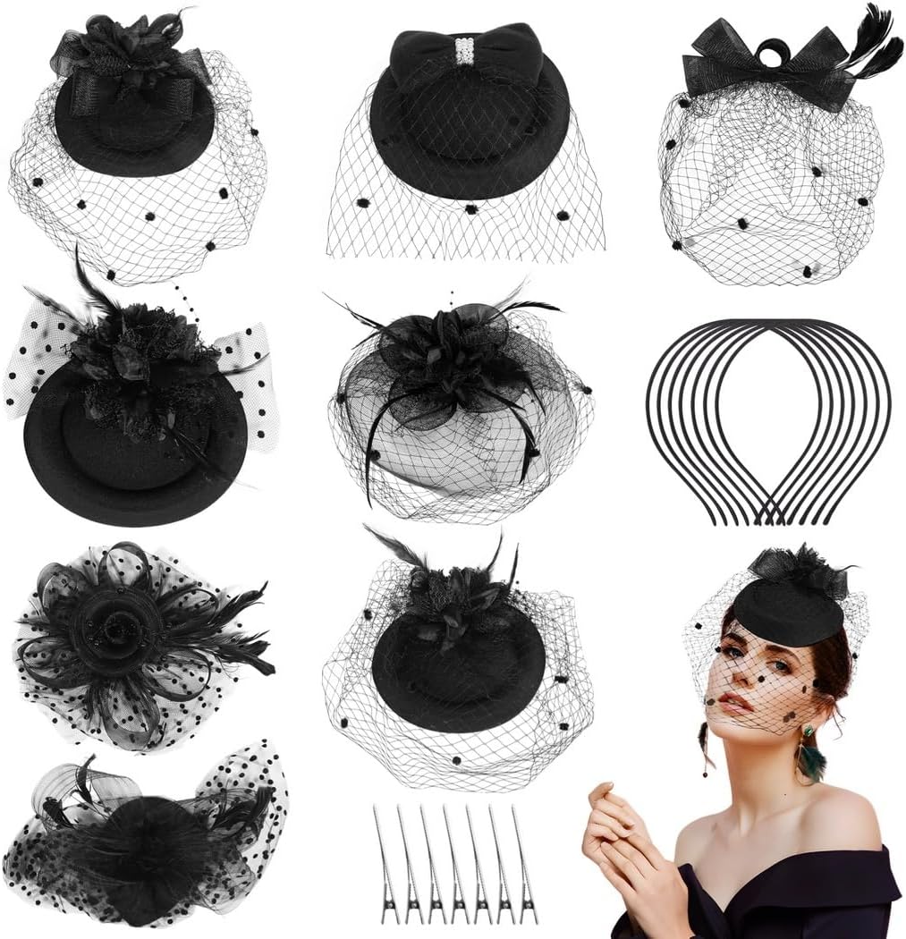 8 Fascinator Hats Set, Black Veil, Feather & Lace Designs With Hairclips & Headbands, Elegant Accessories For Women, Girls, Weddings & Tea Parties