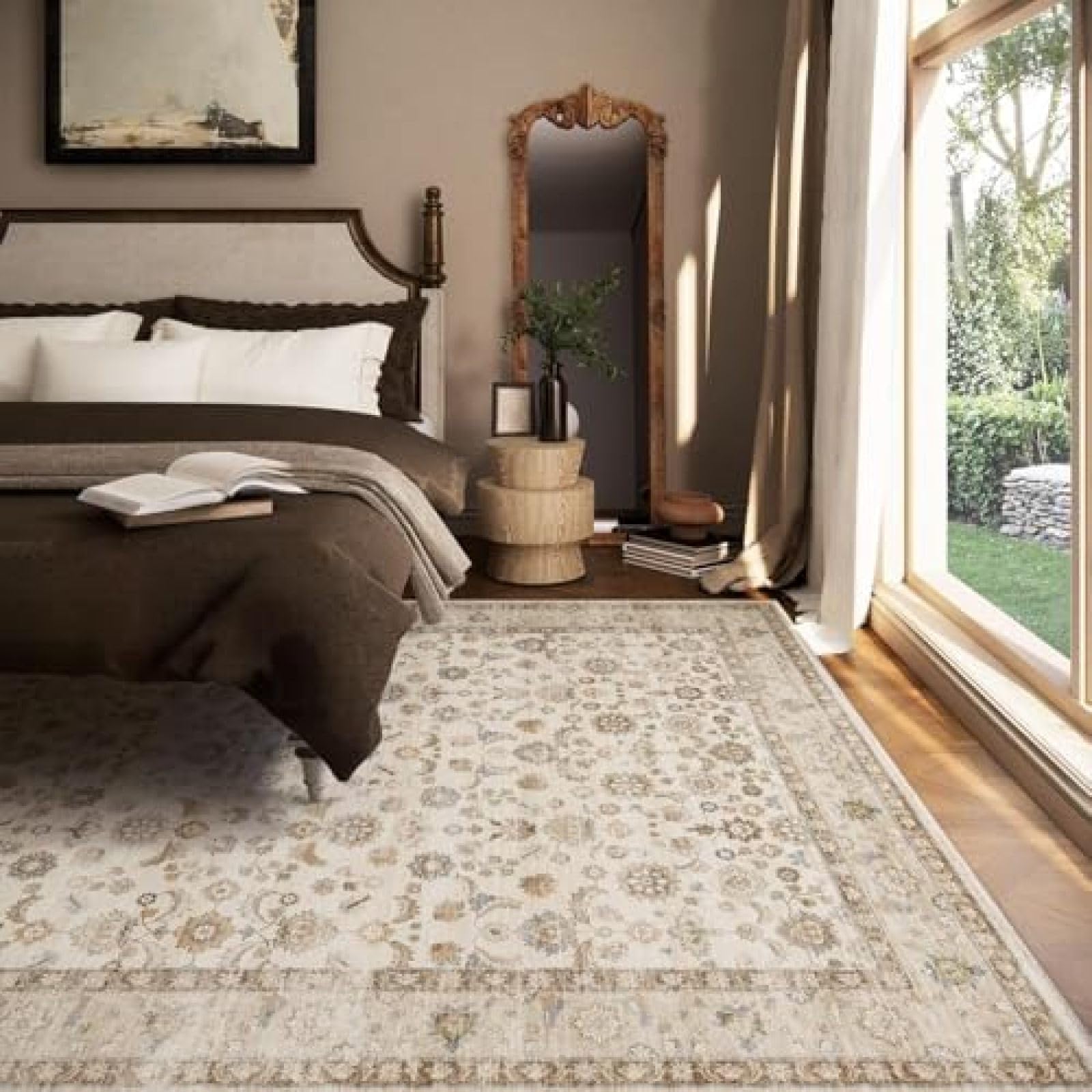 Tapis de salon 200 x 250 cm rectangulaire floral beige et marron lavable