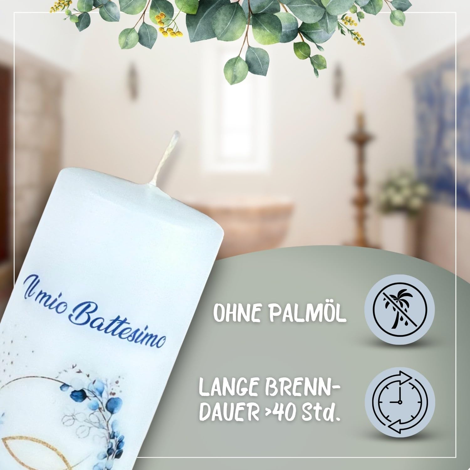 Taufkerze Kommunionkerze Eukalyptus Fisch 25x7cm – Wunschname Personalisierbar – Geschenk zur Taufe für Jungen & Mädchen – Handarbeit mit Schleife – dunkelblau gold
