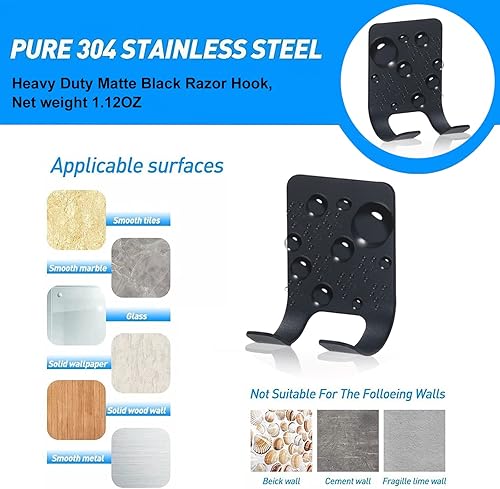 Miniatura 6 de ReJiechu Soporte impermeable para maquinilla de afeitar para ducha, ganchos autoadhesivos resistentes, ganchos de toalla de acero inoxidable para