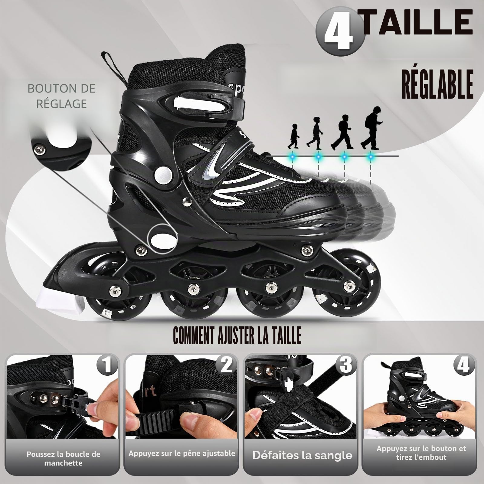 Réglables Patins à roulettes en Ligne pour garçons et Filles, Noir Blanc Patins à roulettes à 4 Roues pour Adolescents et Adultes avec Roues Lumineuses pour Les Sport