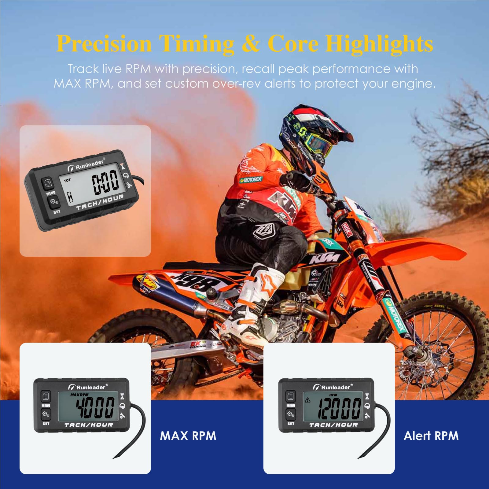 Cuentahoras digital para motos, ATV y barcos. Resistente al agua IP67, batería reemplazable, alerta RPM y recordatorio de mantenimiento. Universal para motores de 2 y 4 tiempos.