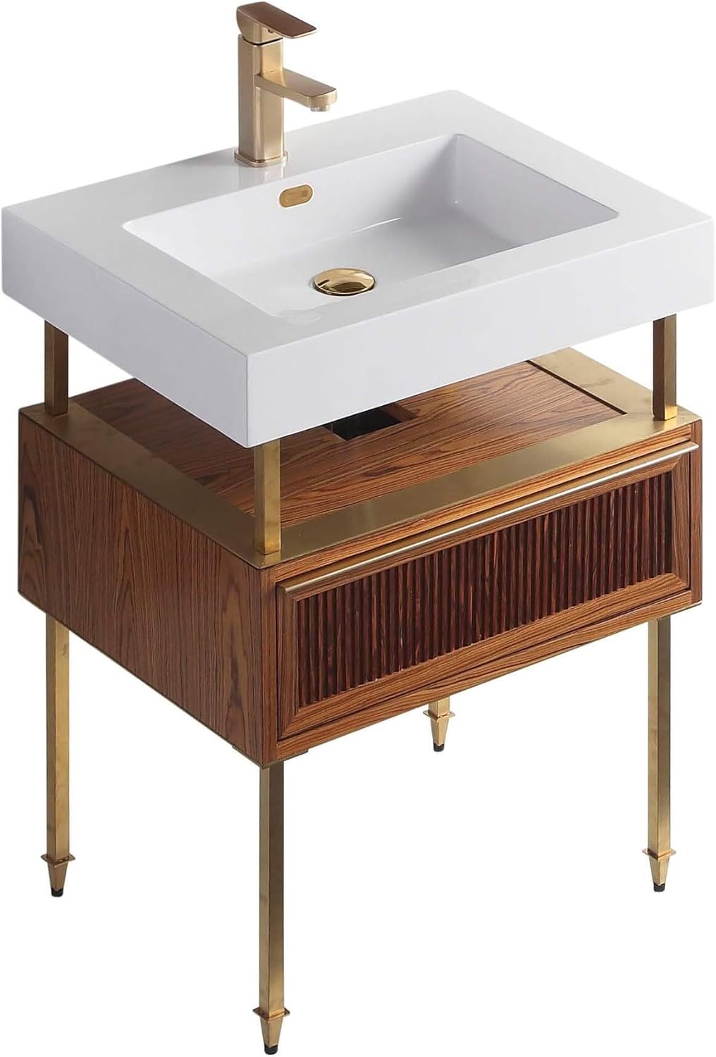 Fine Fixtures Dakota Collection 24 Inch Bathroom Vanity with Sink, Teak with Satin Brass Hardware, Full Assembly Required, Elegant Bathroom Vanities for Modern Homes