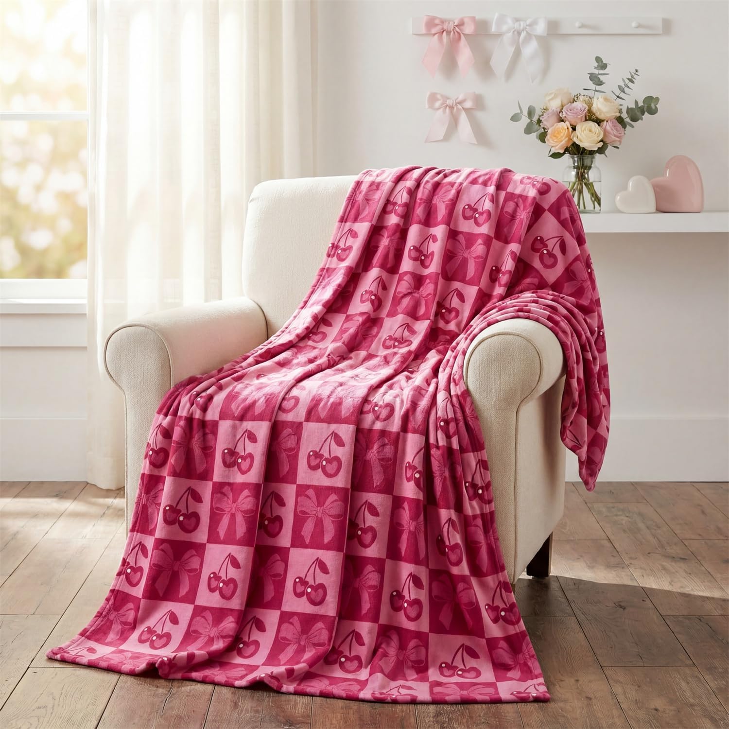 Horaldaily Bow Flannel Blanket Throw, Cherry Bow Soft Fuzzy Plush Cozy Fleece Blankets for Couch Sofa Bed Lounging, Ideal Gifts for Kids Adults Wife Self, 60x80