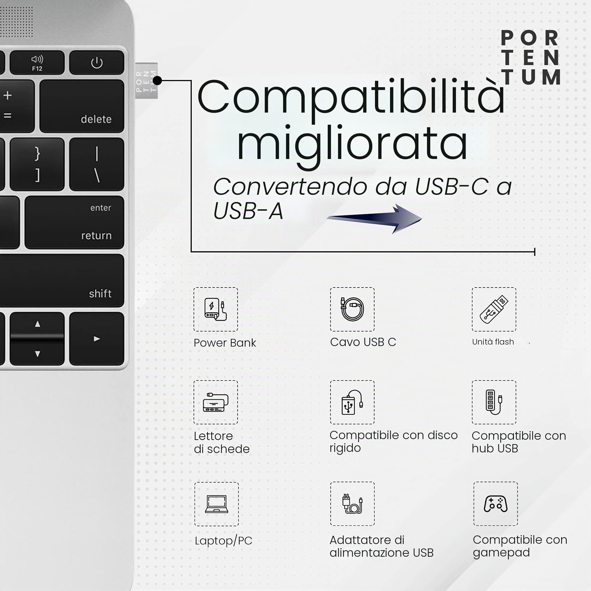 PORTENTUM Adattatore USB C Femmina a USB A Maschio 2.0 480 MB Zinco