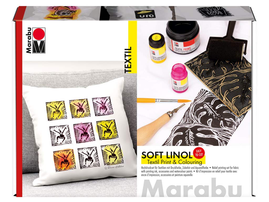 Marabu Soft Linol Print & Colouring Set Hochdruckset für Textilien mit Softdruckplatte