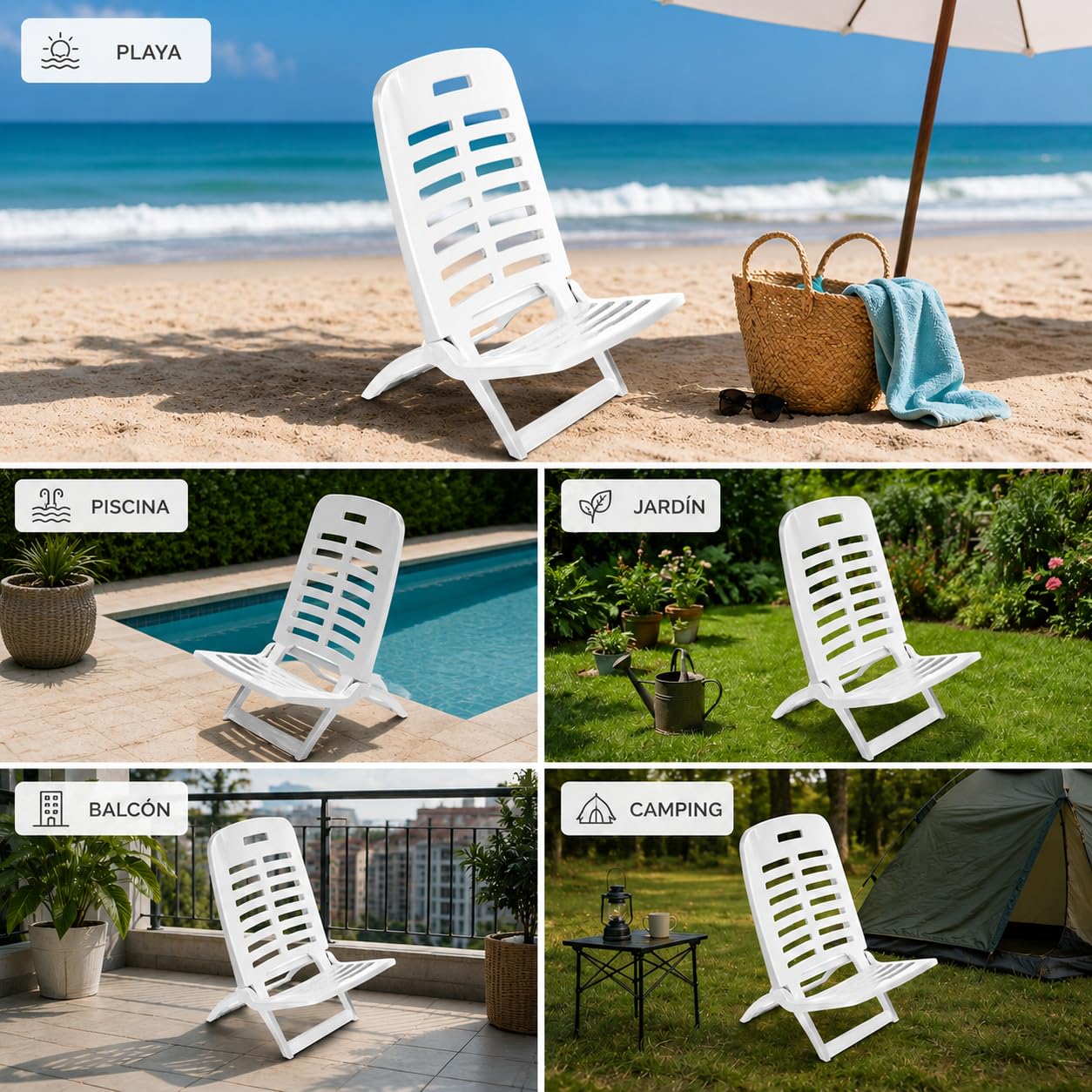 FERRETERIA LEPANTO Silla Plegable, Silla de Resina Plegable para terraza, jardín y Balcones, Asientos Plegables de Resina imitación Madera 77x41cm. (2 sillas Blancas Bajas)