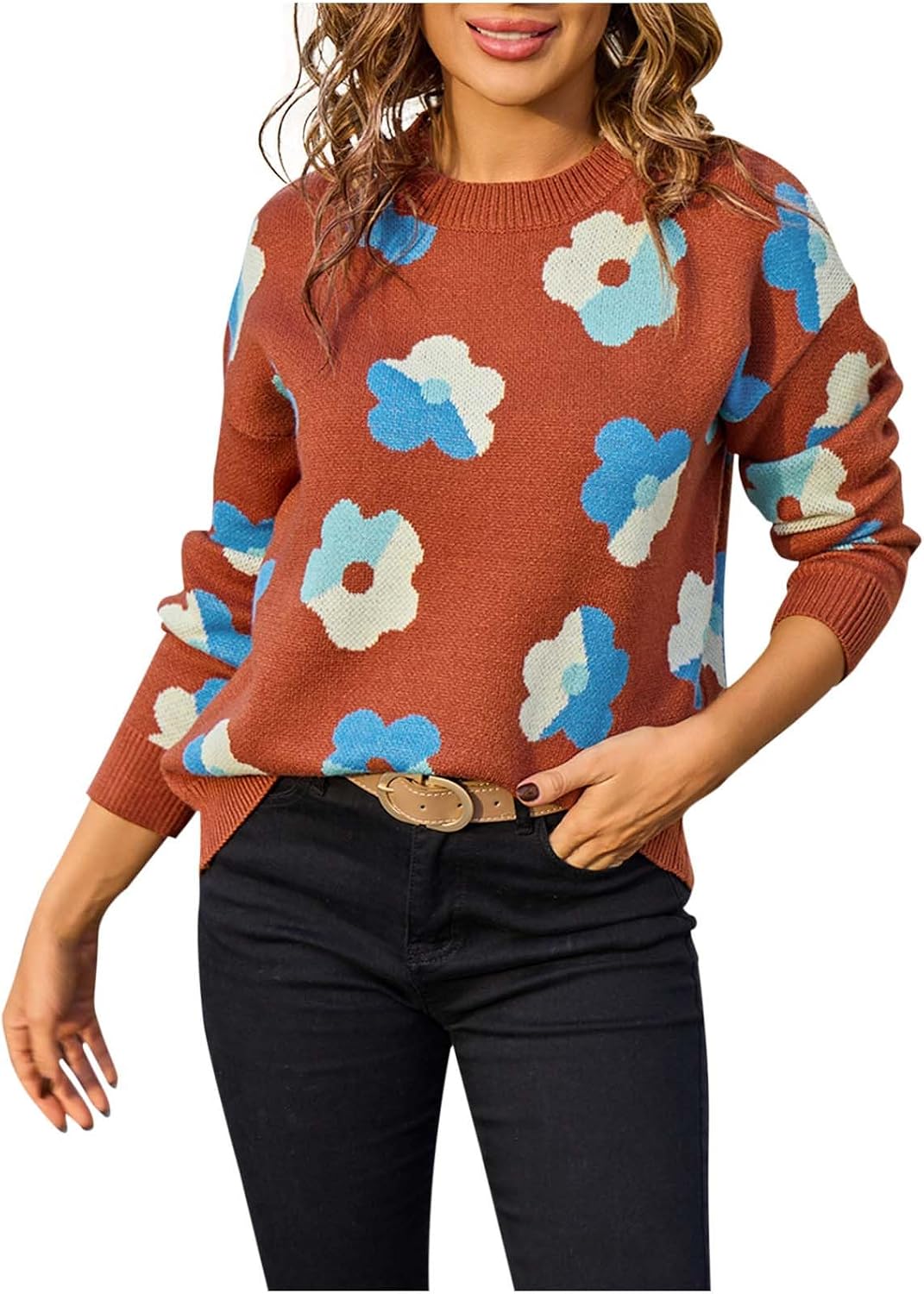 Women's Long Sleeve Pullover Sweaters Casual Jumper Tops Cable Knit Floral Print Crew Neck Sweater Fall Clothes