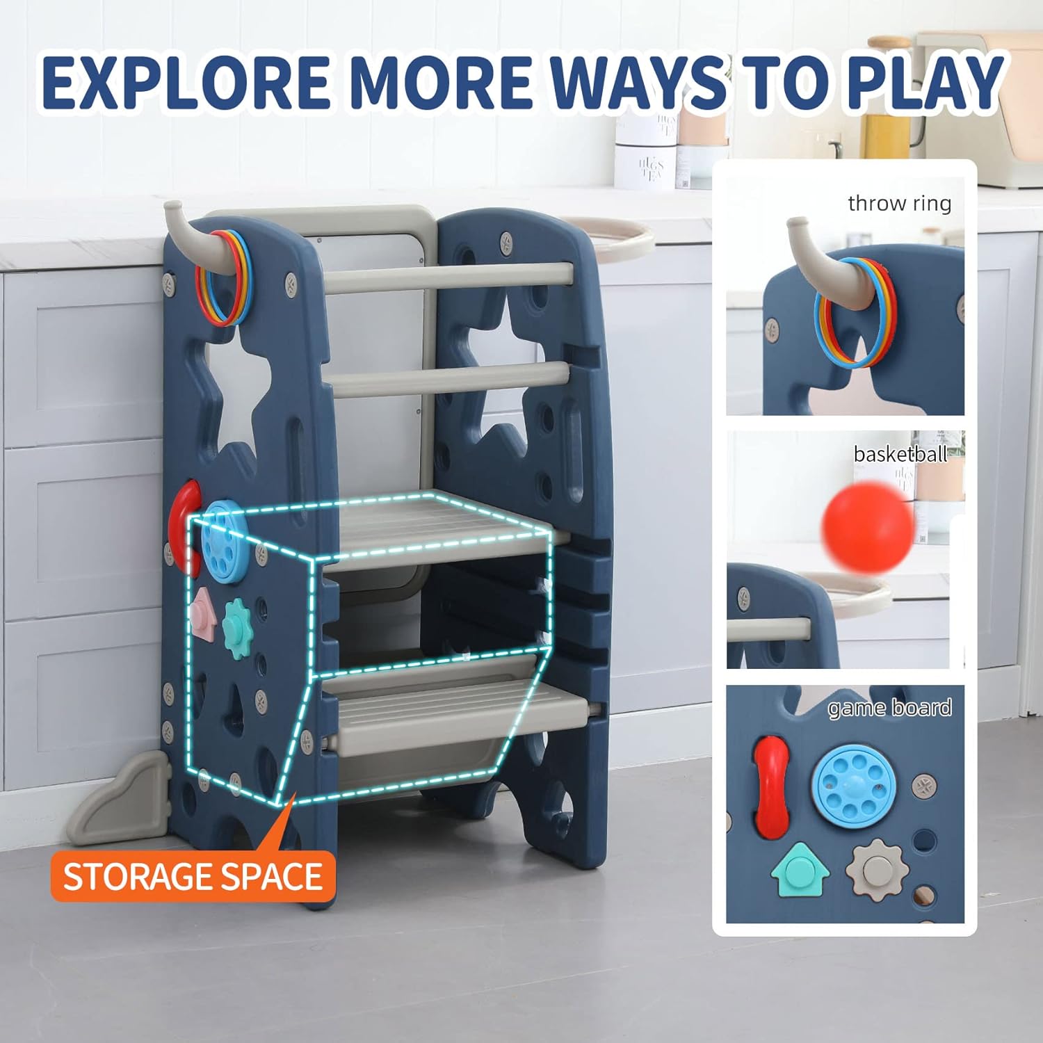 Multifunctional Kids Step Stool w/Double Safety Rails, Height Adjustable, Toddler Helper Tower for Kitchen Countertop and Bathroom w/Drawing Board & Storage (OMLT-Dark Blue)