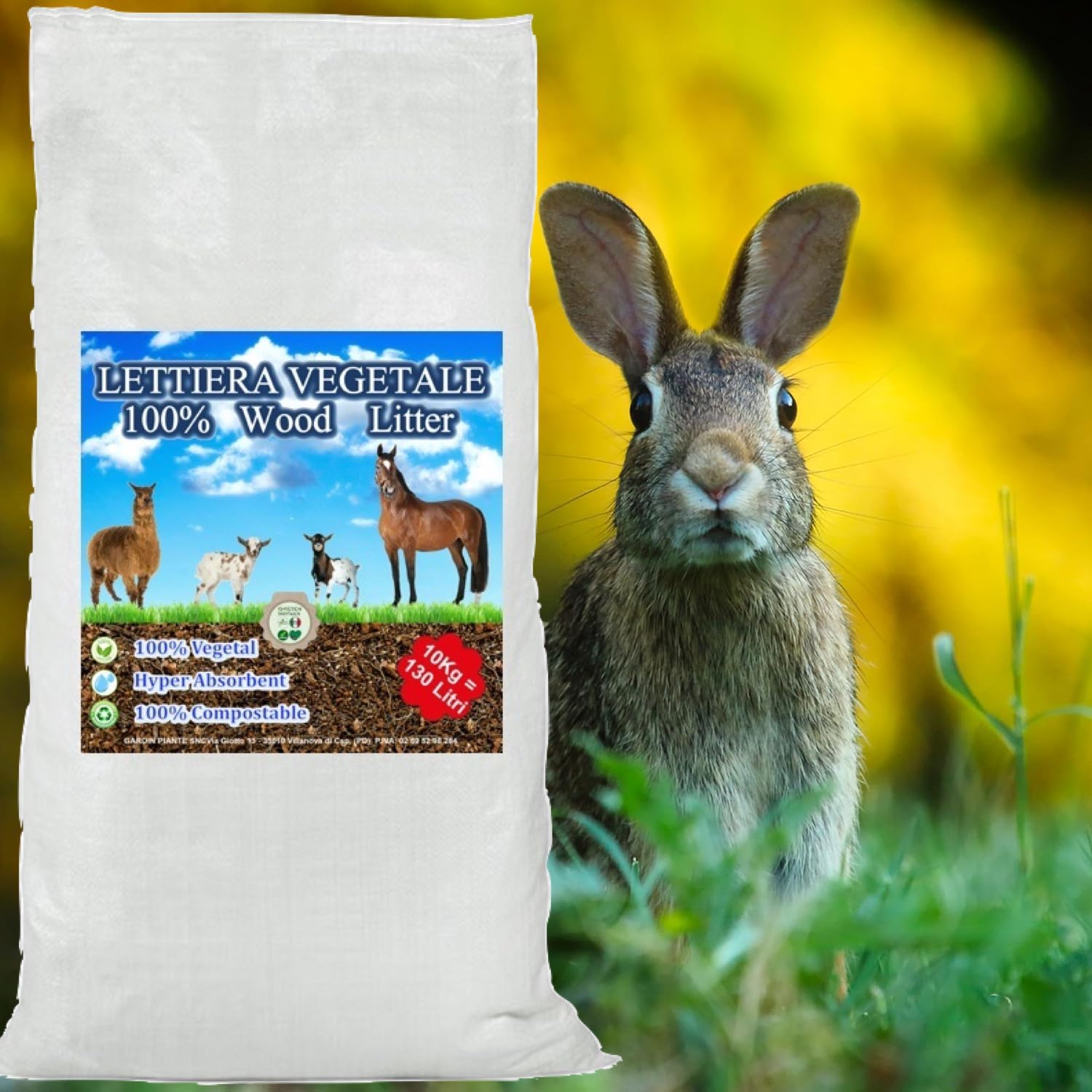 Wood Litter, Lettiera 100% vegetale per cavalli, animali da stalla e Avicoli a base di trucioli e fibra di cocco naturale e compostabile smaltibile nel WC super assorbente, antiodore(130 Litri)