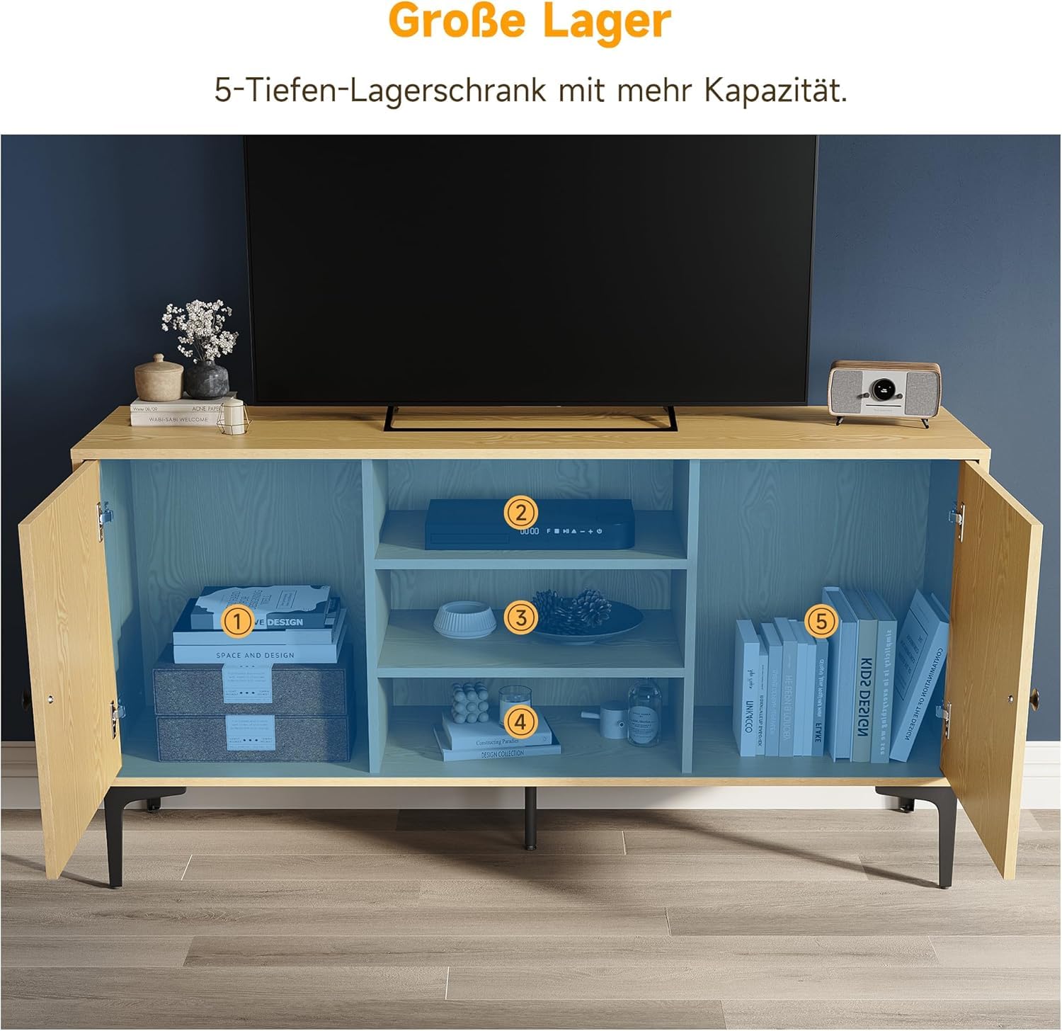 SONNI TV-Schrank, Fernsehtisch, Fernsehregal, Lowboard für Fernseher 60 Zoll mit 2 Schränken, 3 offenen Fächern, 2 Kabellöchern, Metallfüßen, für Wohnzimmer, Esszimmer und Schlafzimmer 135 x 35 x 70cm