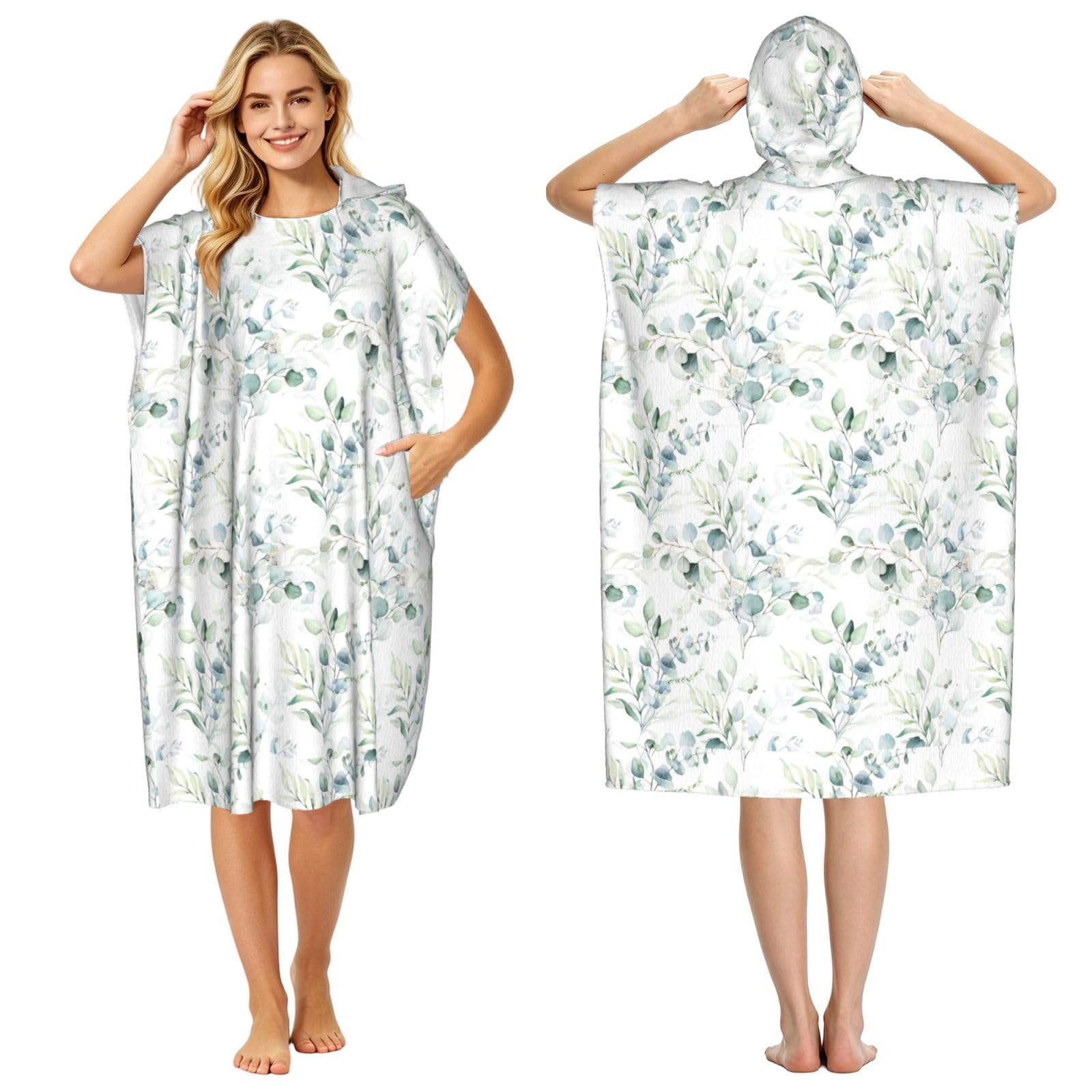 Poadnly Watercolor Green Floral Leaf Eucalyptus Round Leaves Succulent, Adult Hooded Beach Towel 90 x 110 cm,Changing Bath Robe, Surf Poncho Towel For Women Men