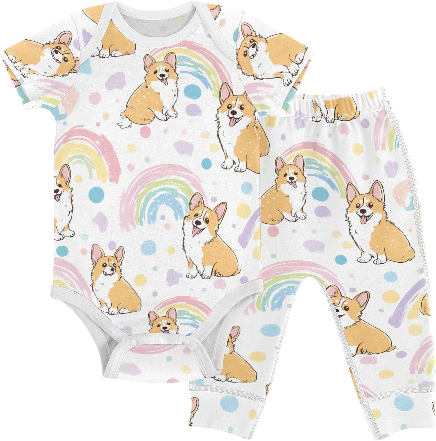 vvfelixl Baby Clothes Corgis Rainbows Baby Bodysuits Set Unisex Short Sleeve Babys Pants Sets 0-3M