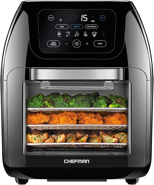 Chefman Multifunctional Digital Air Fryer+ Rotisserie, Dehydrator, Convection Oven, 17 Touch-screen Presets, Fry, Roast, Dehydrate & Bake, Auto Shutoff, Accessories Included, XL 10L Family Size, Black