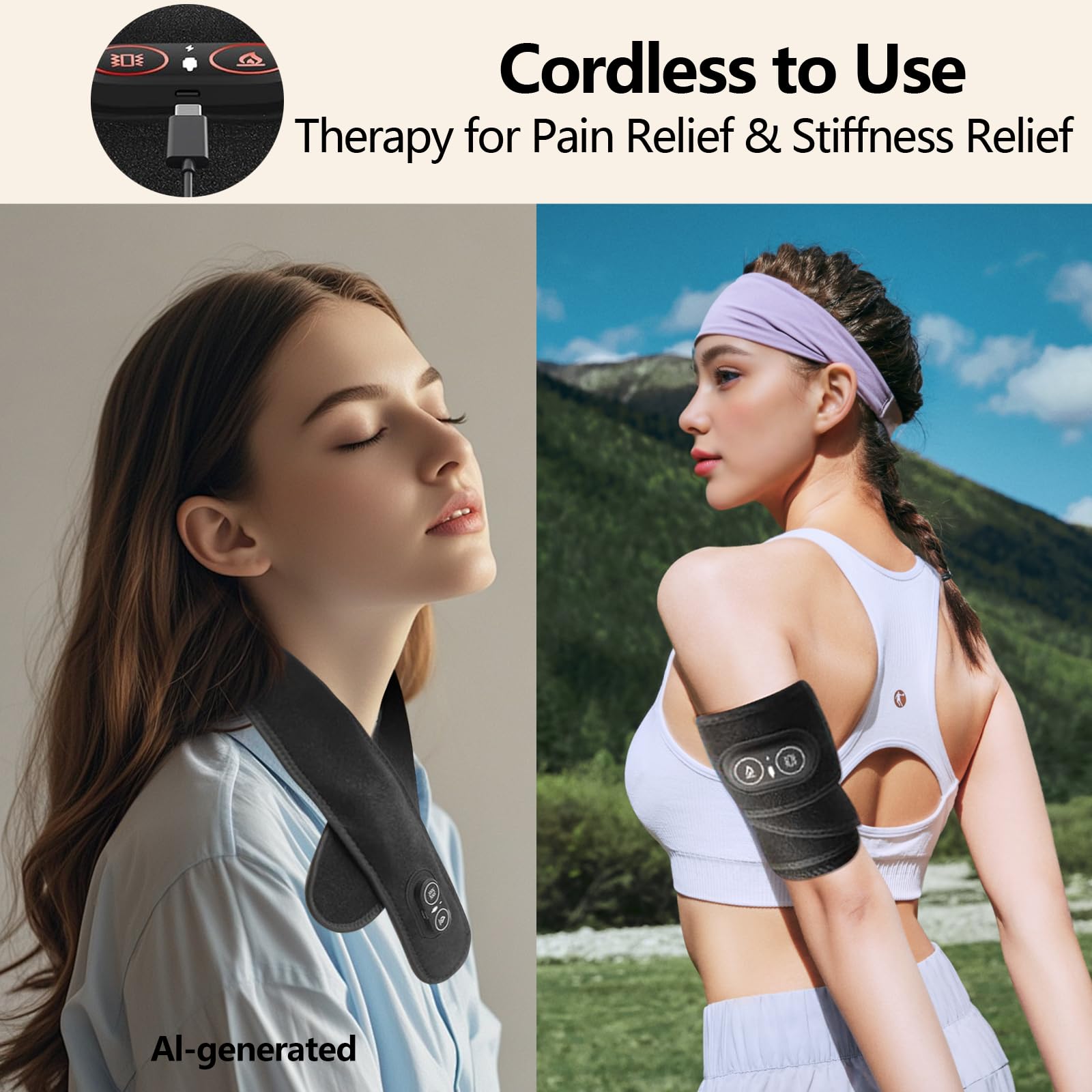 Almohadilla térmica inalámbrica para el cuello para aliviar el dolor, masajeador eléctrico USB con 3 ajustes de calor, alimentado por batería de 3000 mAh para una relajación muscular eficaz