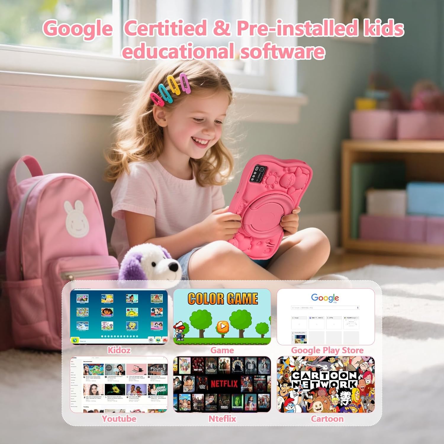 SUMTAB Tablet Bambini 7 Pollici con Controllo Parentale, Android 13 Tablette, 8 GB RAM 64GB ROM (256 GB Estensione) Bluetooth, WiFi,Tablet per Bambini con Custodia(Rosa)
