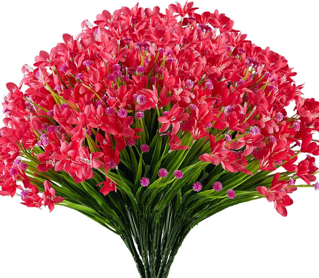 6 Bundles Artificial Daffodils Flowers, Fake Artificial Greenery UV Resistant No Fade Faux Plastic Plants for Wedding Bridle Bouquet Indoor Outdoor Home Garden Kitchen Office Table Vase (Red)