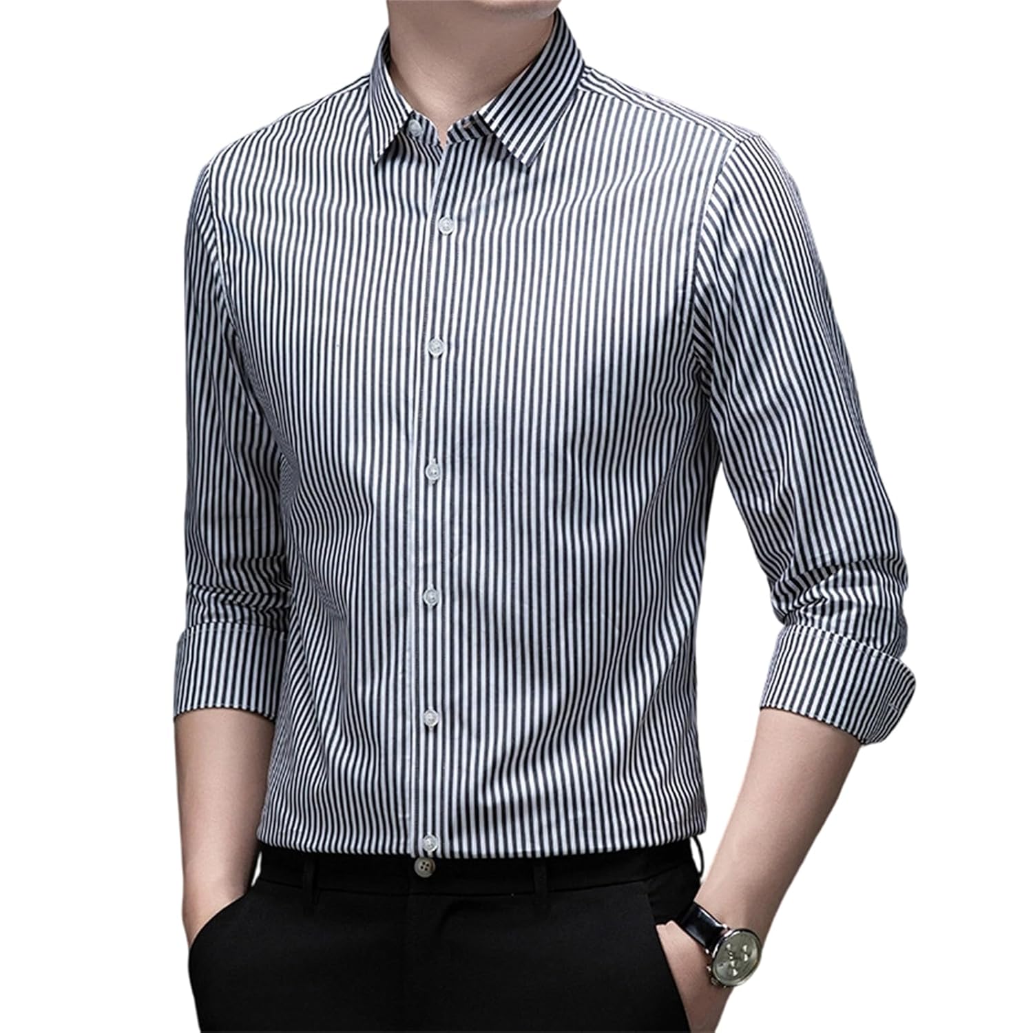 Mens 100 Cotton Dress Shirts Long Sleeve Slim Fit Striped Non Iron Business Casual Work Button Down Top