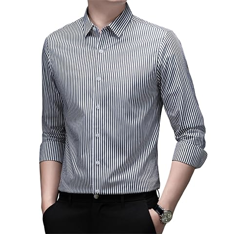 Mens 100 Cotton Dress Shirts Long Sleeve Slim Fit Striped Non Iron Business Casual Work Button Down Top