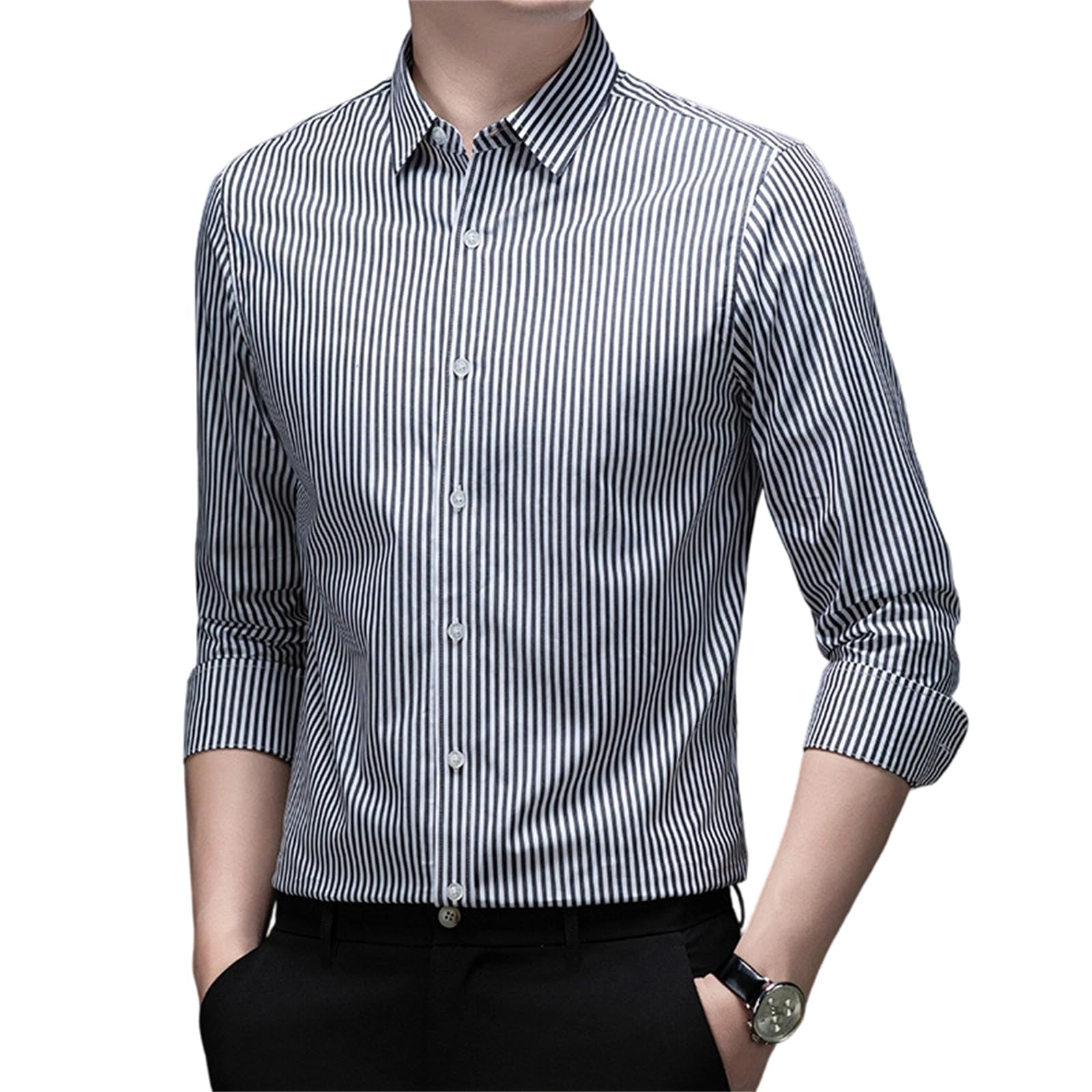 Mens 100 Cotton Dress Shirts Long Sleeve Slim Fit Striped Non Iron Business Casual Work Button Down Top