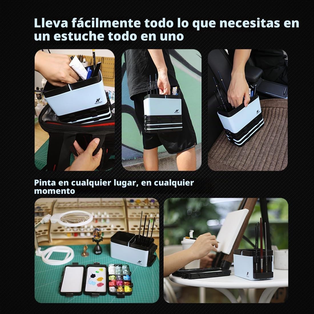 Estación de pintura modular portátil todo en uno con limpiador de pinceles y soportes, bandeja de paleta de pintura húmeda con tapa para pintura en miniatura y pinturas acrílicas (juego
