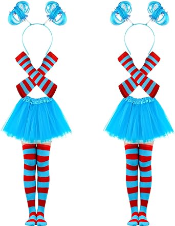 Mototo 8 PCS Tulle Tutu Costume Accessories Set, Blue 3 Layered Tulle Tutu Skirt Striped Socks Headband Gloves For Halloween