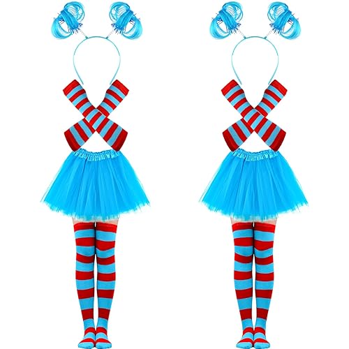 Mototo 8 PCS Tulle Tutu Costume Accessories Set, Blue 3 Layered Tulle Tutu Skirt Striped Socks Headband Gloves For Halloween