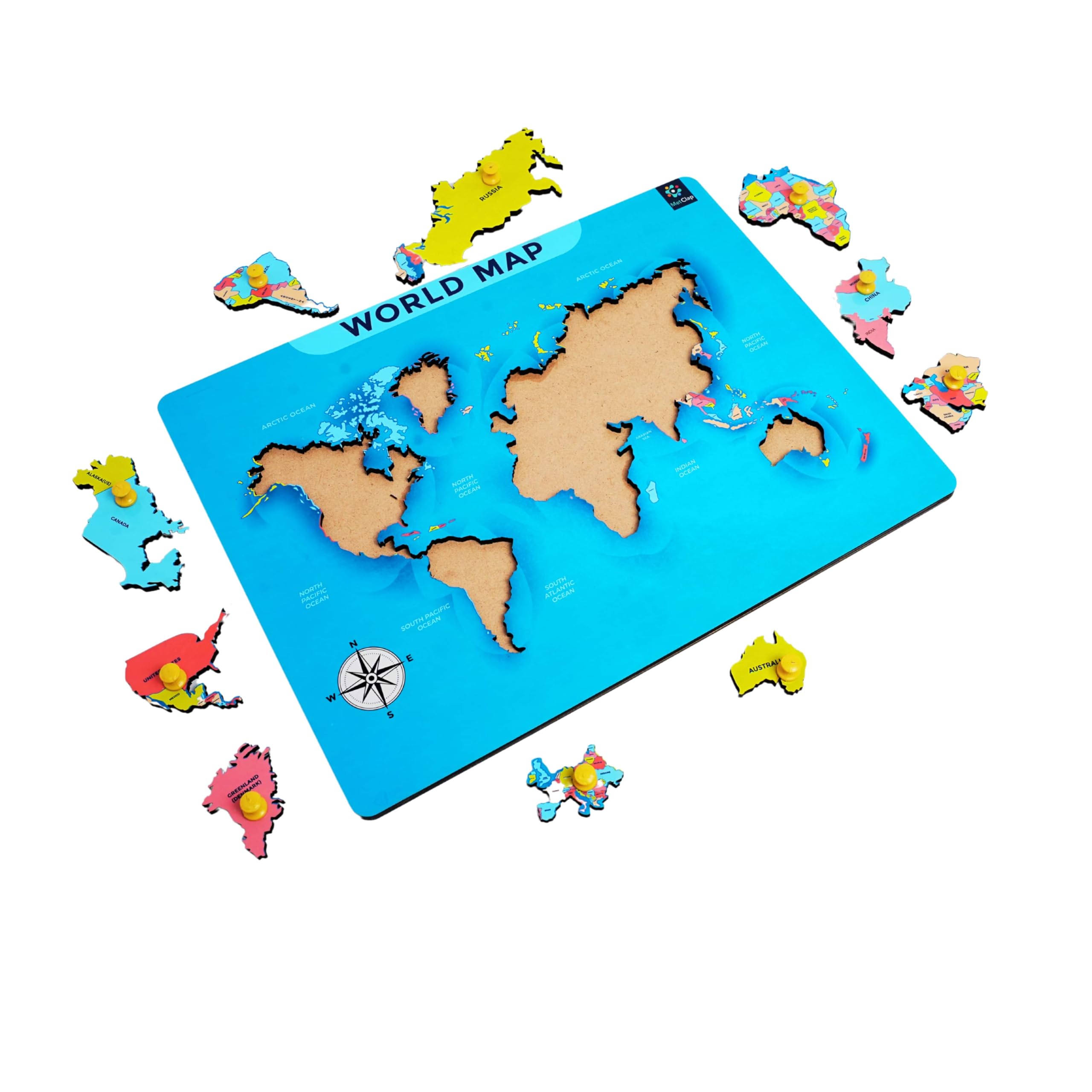 Metclap World Map Wooden Puzzle Tray β Educational Geography Toy for Kids | Learn Continents & Countries | Montessori Learning Tool | Eco-Friendly & Durable | Ideal for Ages 3+ 2