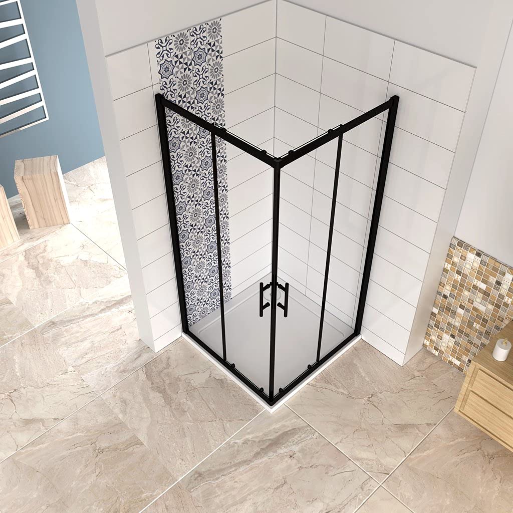 190 cm Box Doccia Angoalre Porte Scorrevoli Vetro Temperato 6 mm Trasparente Anticalcare Telaio Nero Opcao 100x80 cm