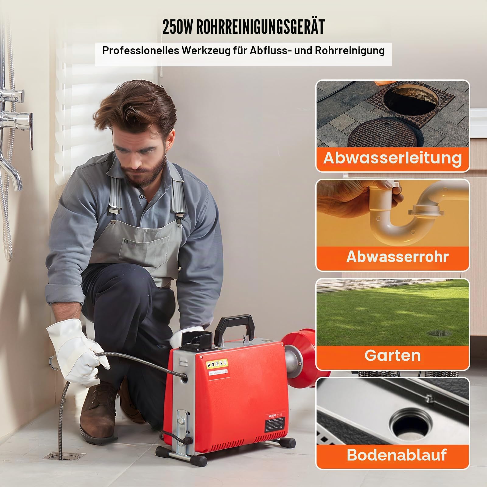 VEVOR 250W Rohrreinigungsmaschine Rohrreinigungsgerät, 20mx15,8mm/4,6mx9,5mm Stahlseile für Rohre von 4-10 cm, mit 7 Schnellwechsel-Rohrschneidern für Wohnungen, Büros und öffentlichen Räumen