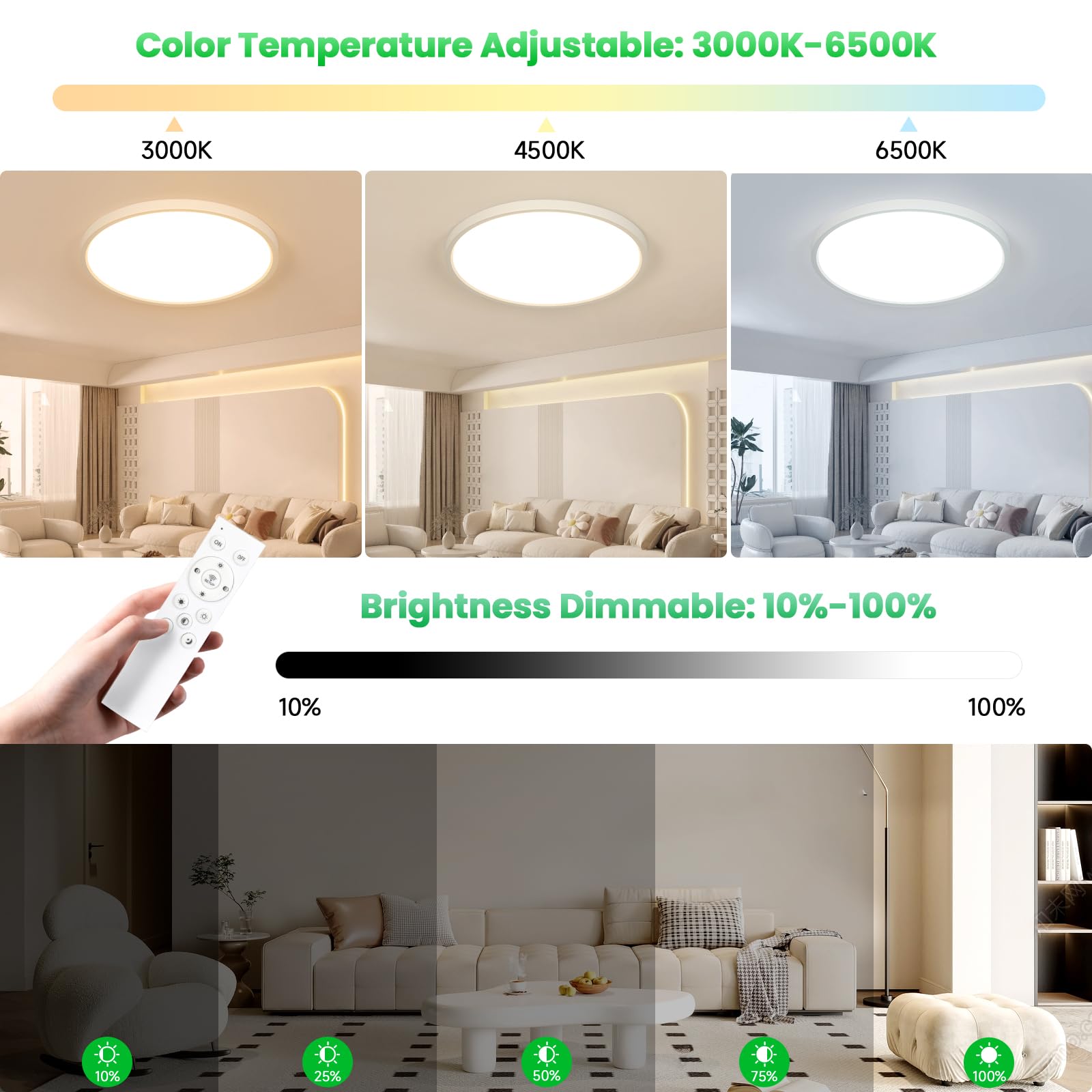 OTREN Ściemnialna lampa sufitowa LED 52 W 5200 lm z pilotem zdalnego sterowania i aplikacją, tryb nocny, timer i pamięć, 3000 K–6500K, wodoodporna IP44, do łazienki, kuchni i sypialni, 50 cm