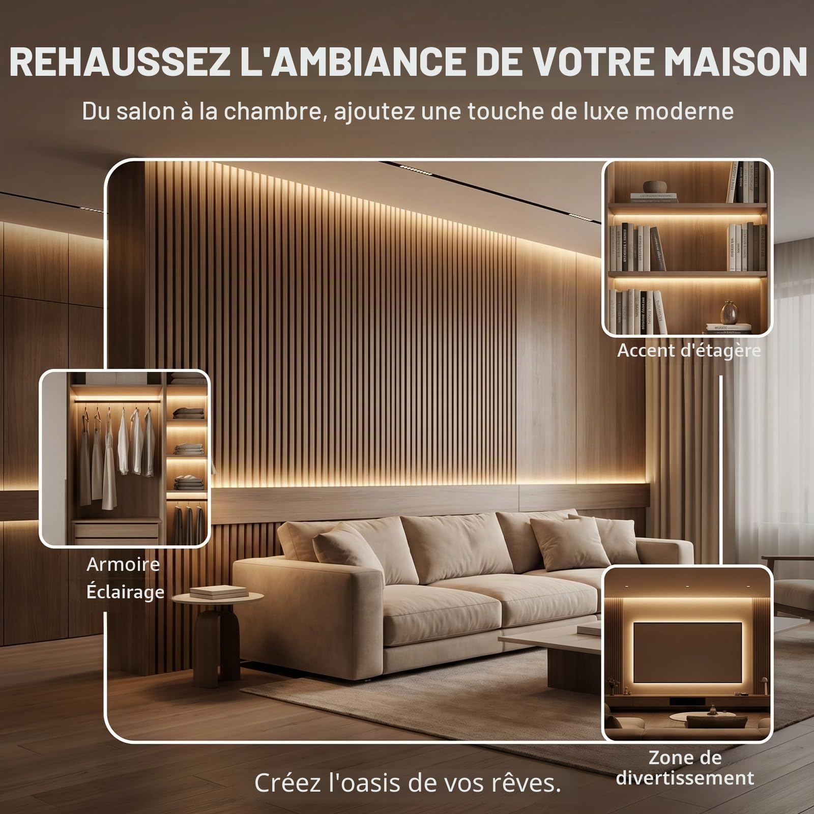 LED pour panneaux acoustiques — 40/60/90cm*2 Blanc chaud variable LED Éclairage de panneaux acoustiques, bande lumineuse auto-adhésive avec capteur tactile pour panneaux acoustiques, mur TV
