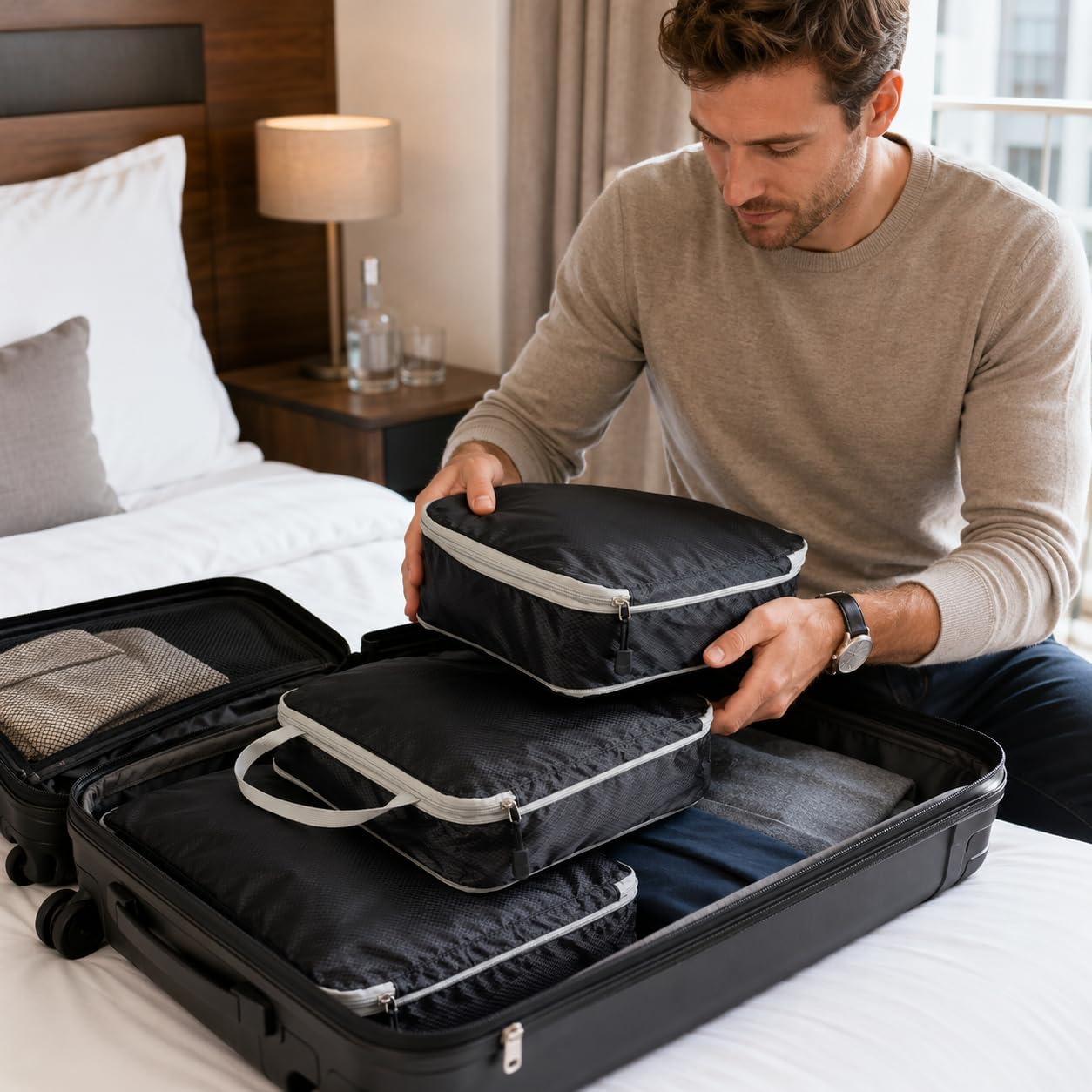 Compression Packing Cubes for travel, Ultralight Essentials Cubes for Suitcase Organizer Bags Set (Black,Small)