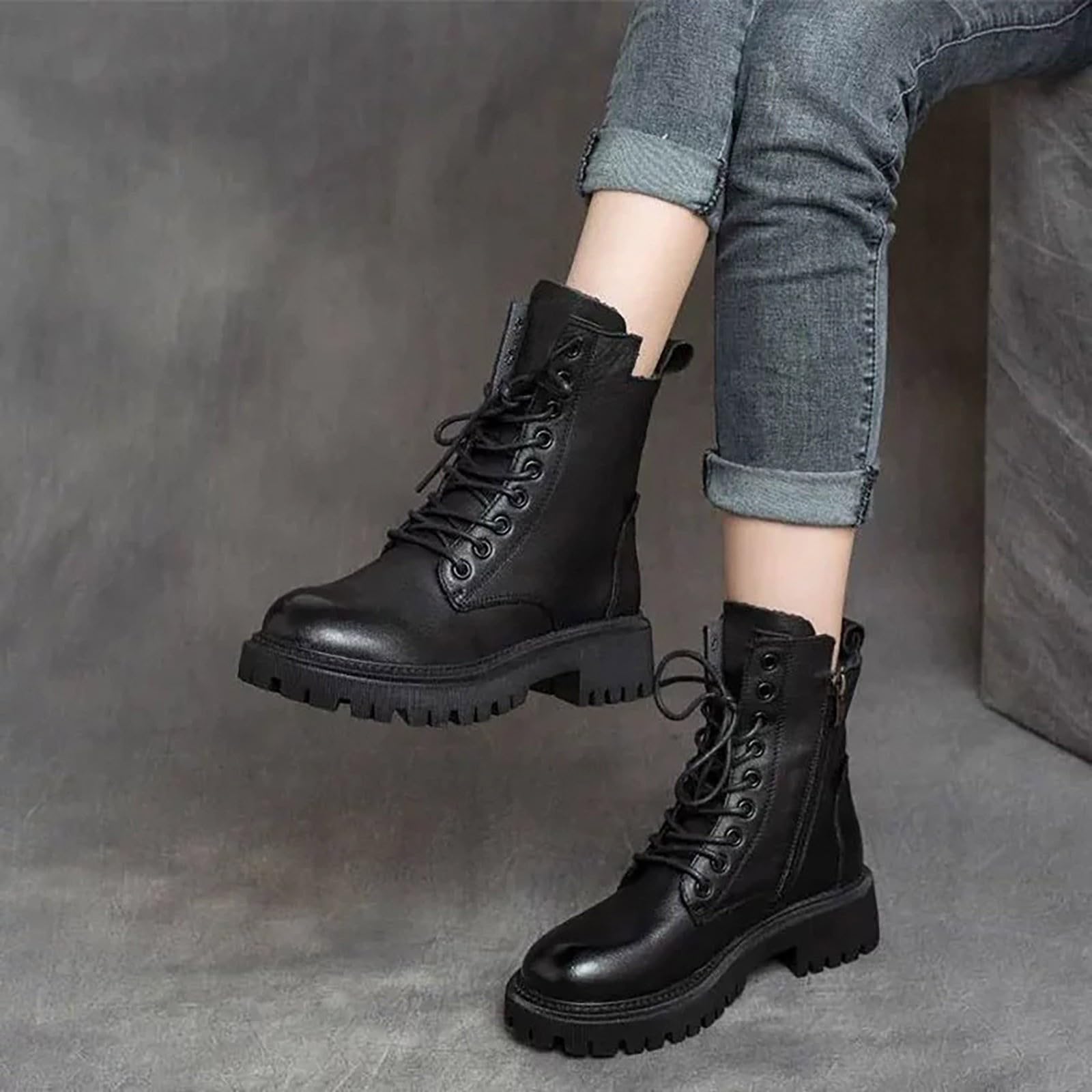 Bottes à talons hauts pour femme - Bottes de motard en cuir avec lacets - Bottes d'équitation vintage pour femme - Bottes de moto pour femme - Antidérapantes - Résistantes à l'abrasion - Bottes en