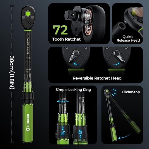 Miniatura 25 de etoolab Llave dinamométrica de clic de 1/2 de doble alcance【10-170.0ft.lb/13.60-230.5Nm】Llave dinamométrica de precisión ±3% de 1/2, llave ajustable