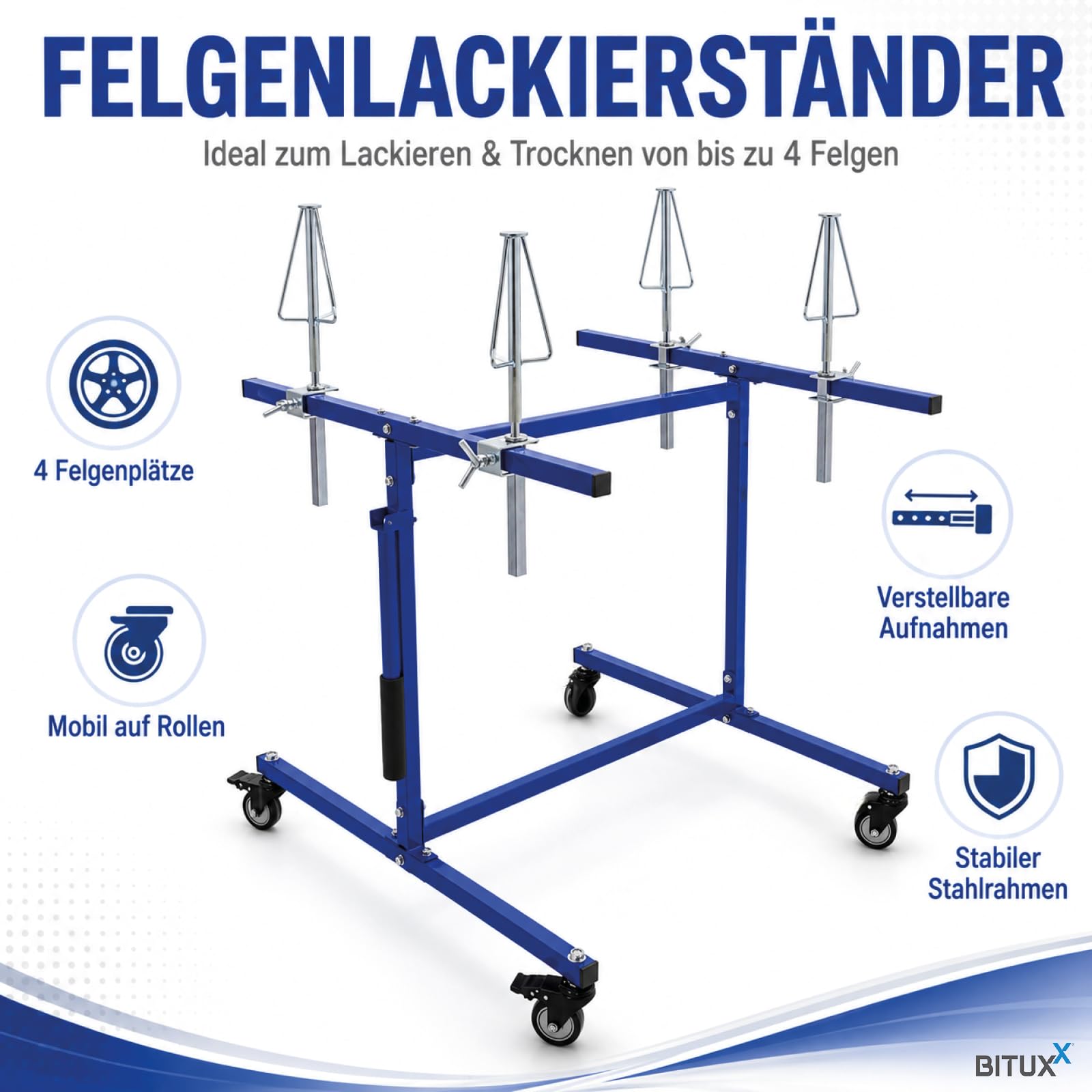 BITUXX Felgenlackierständer bis 100 kg - Mobiler Felgenständer für 4 Felgen - Verstellbare Aufnahmen, Stahlrahmen und Lenkrollen mit Bremse - Zum Lackieren, Trocknen und Aufbereiten